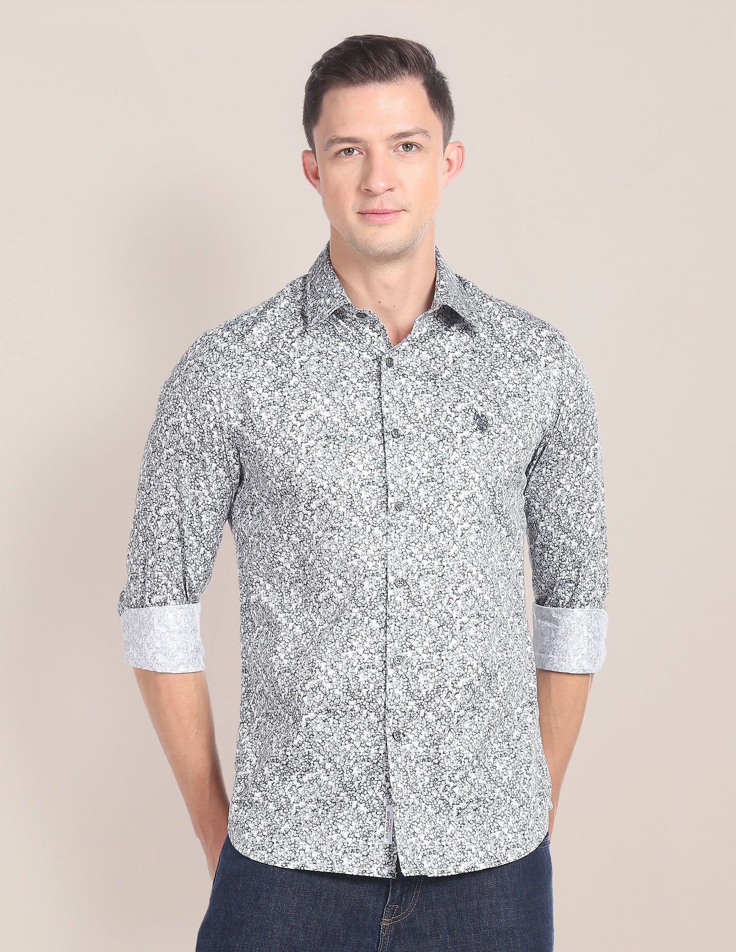 Abstract Print Twill Shirt Grey - uspoloassn-test.in | Large