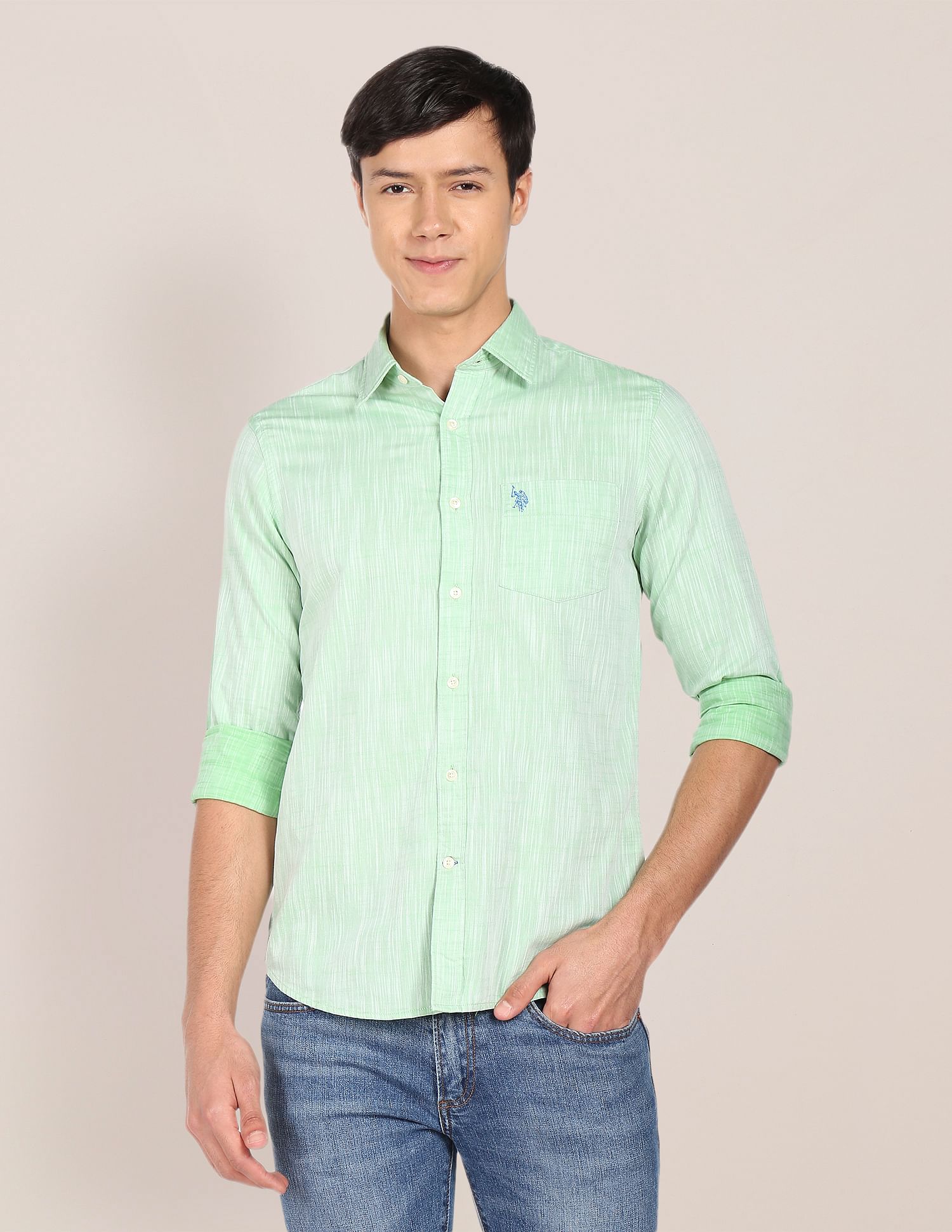 Abstract Tailored Regular Fit Cotton Casual Shirt Green - uspoloassn-test.in | Large