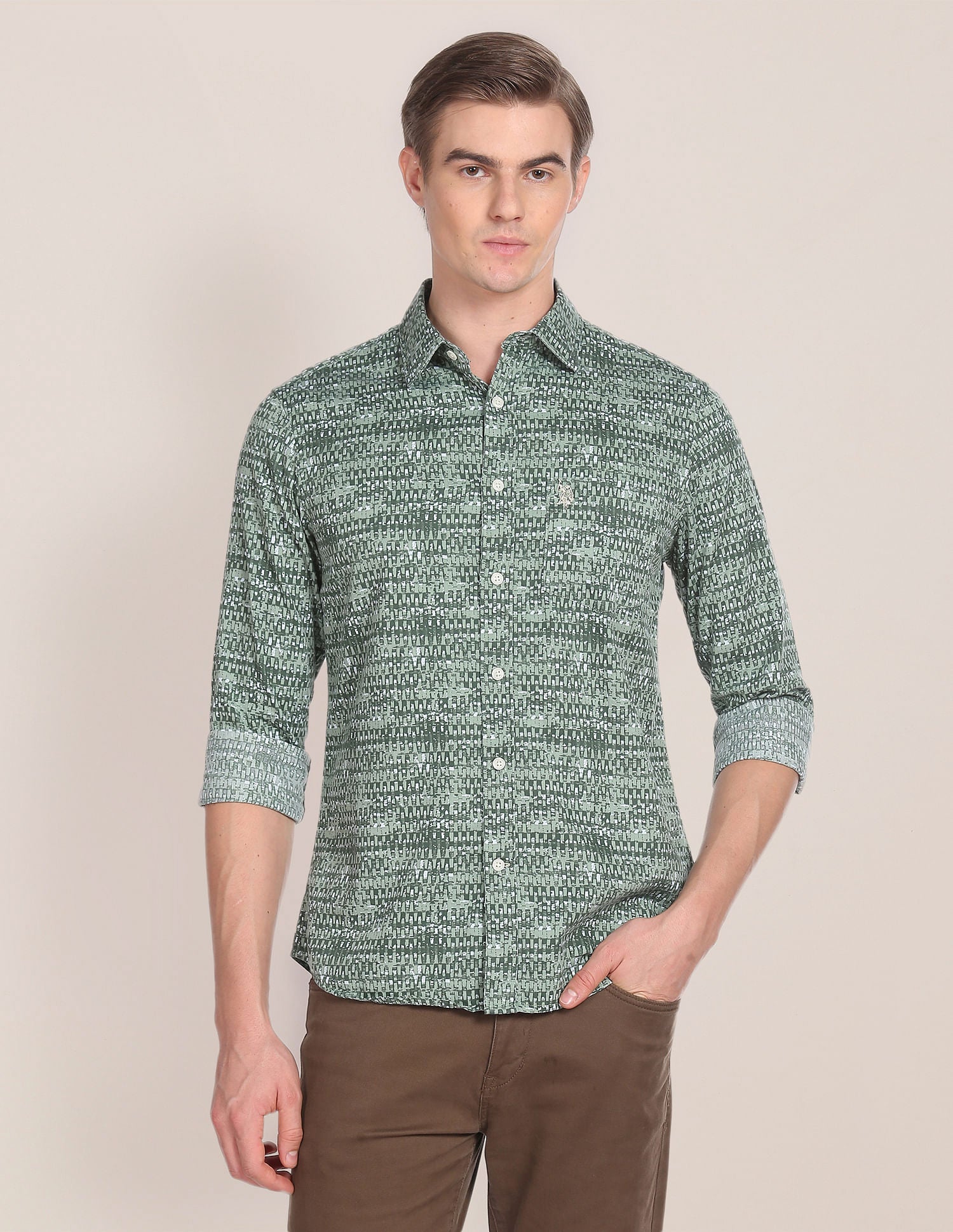Abstract Print Cotton Twill Shirt Green - uspoloassn-test.in | Large
