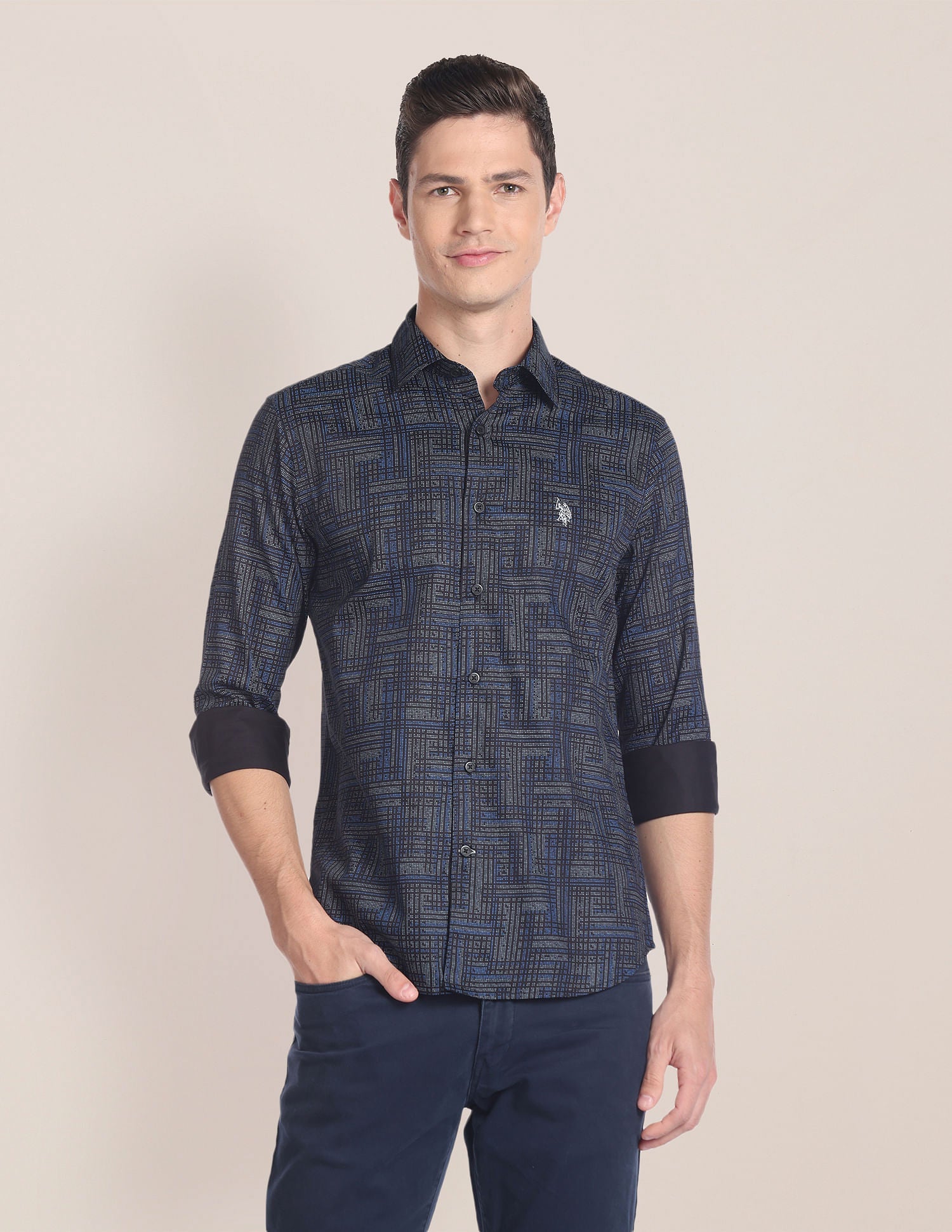 Abstract Print Tailored Shirt Black - uspoloassn-test.in | Large