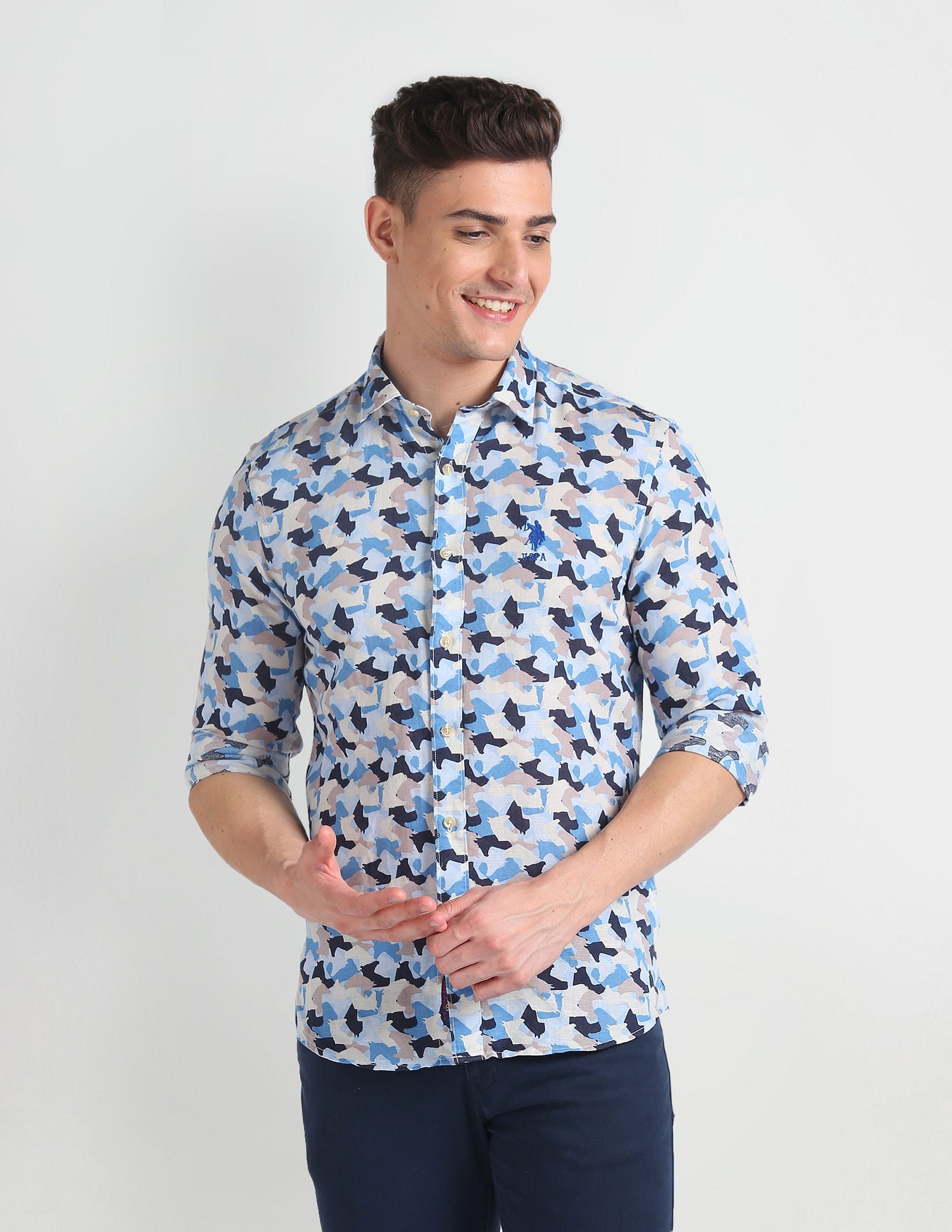 Abstract Print Slim Fit Shirt Blue - uspoloassn-test.in | Large