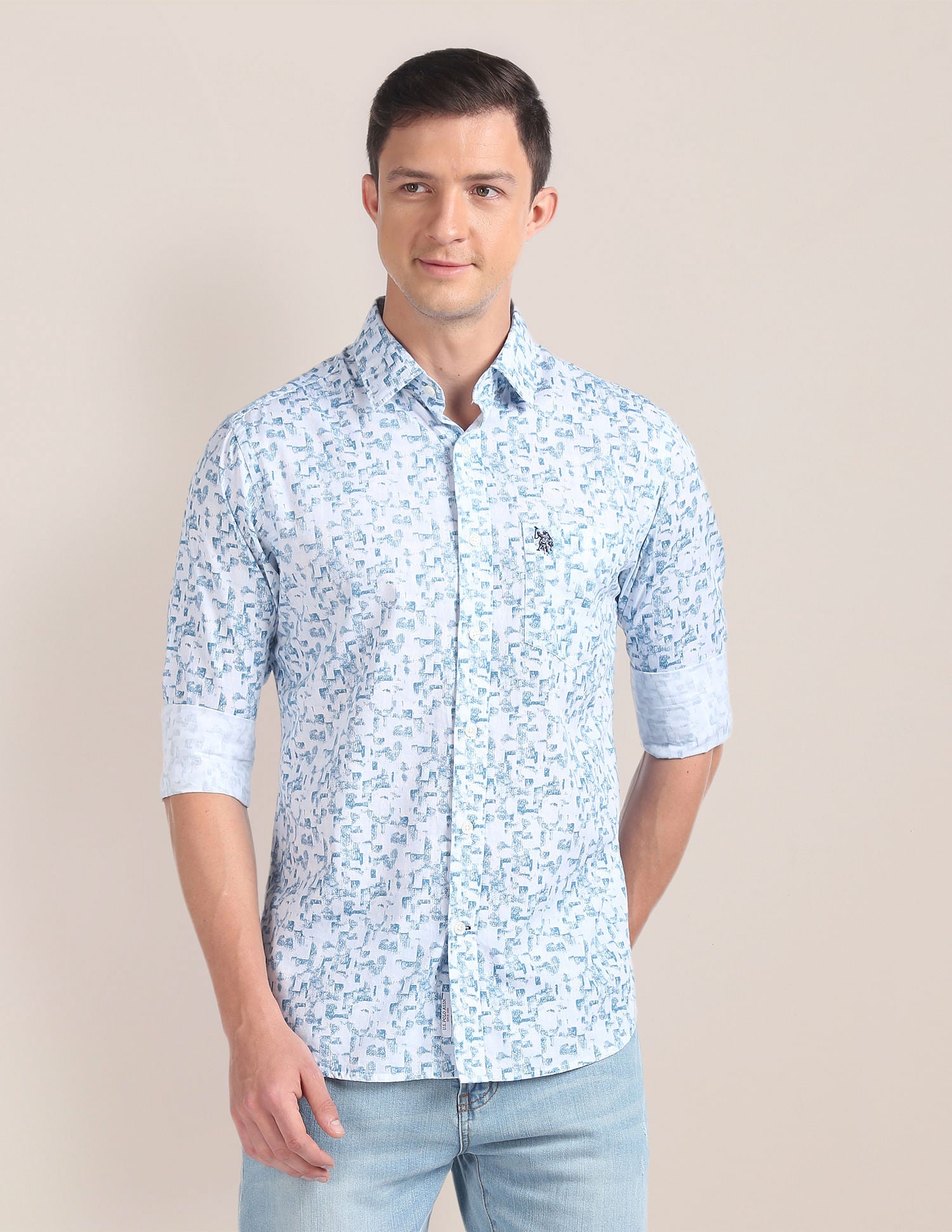 Abstract Print Cotton Shirt Light Blue - uspoloassn-test.in | Large