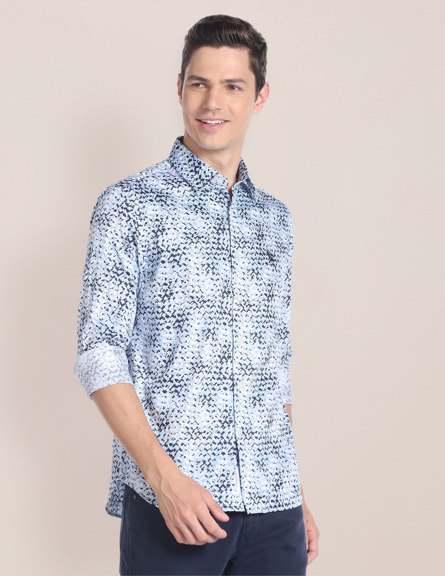 Abstract Print Sateen Shirt Light Blue - uspoloassn-test.in | Large