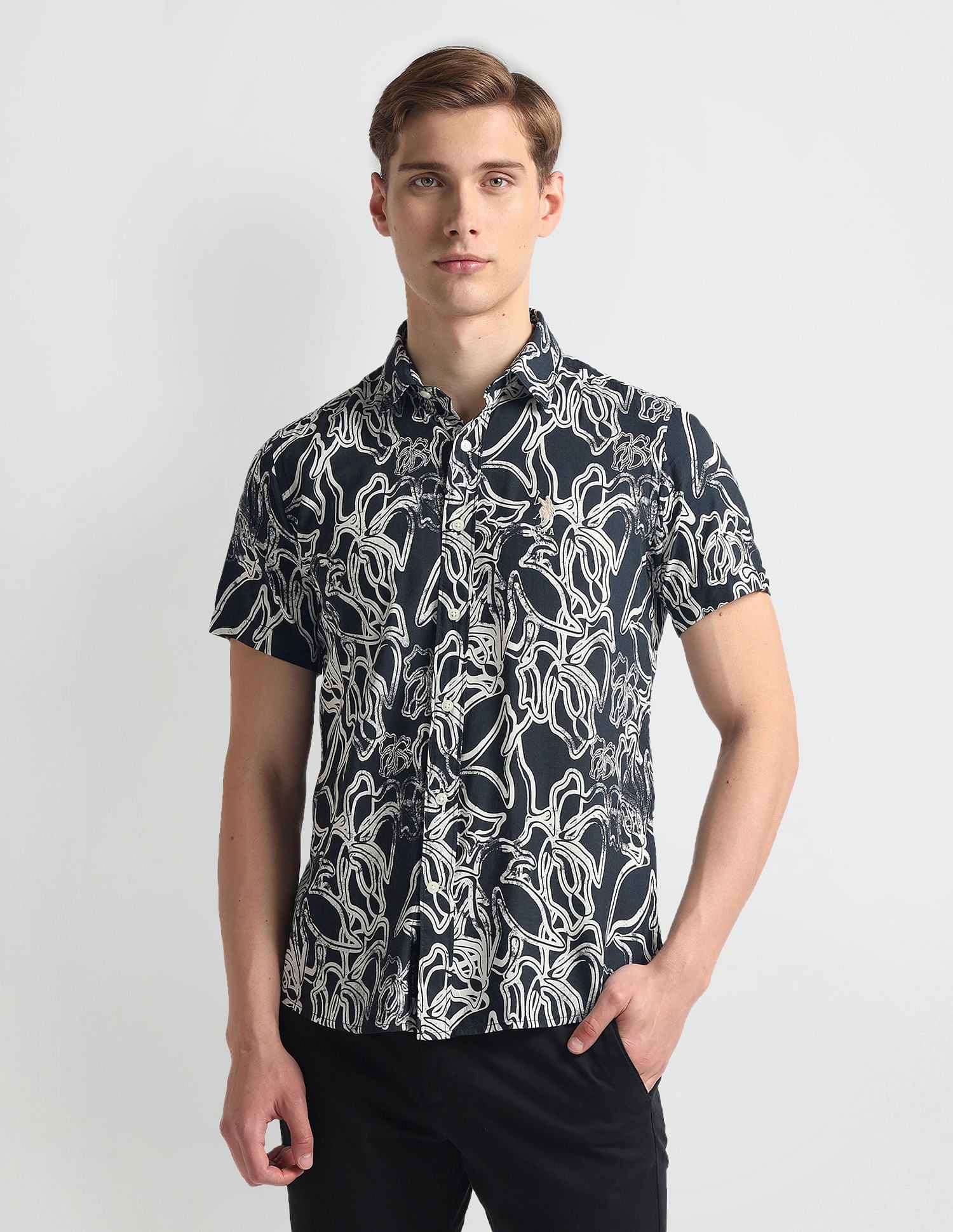 Abstract Print Slim Fit Shirt Black - uspoloassn-test.in | Large