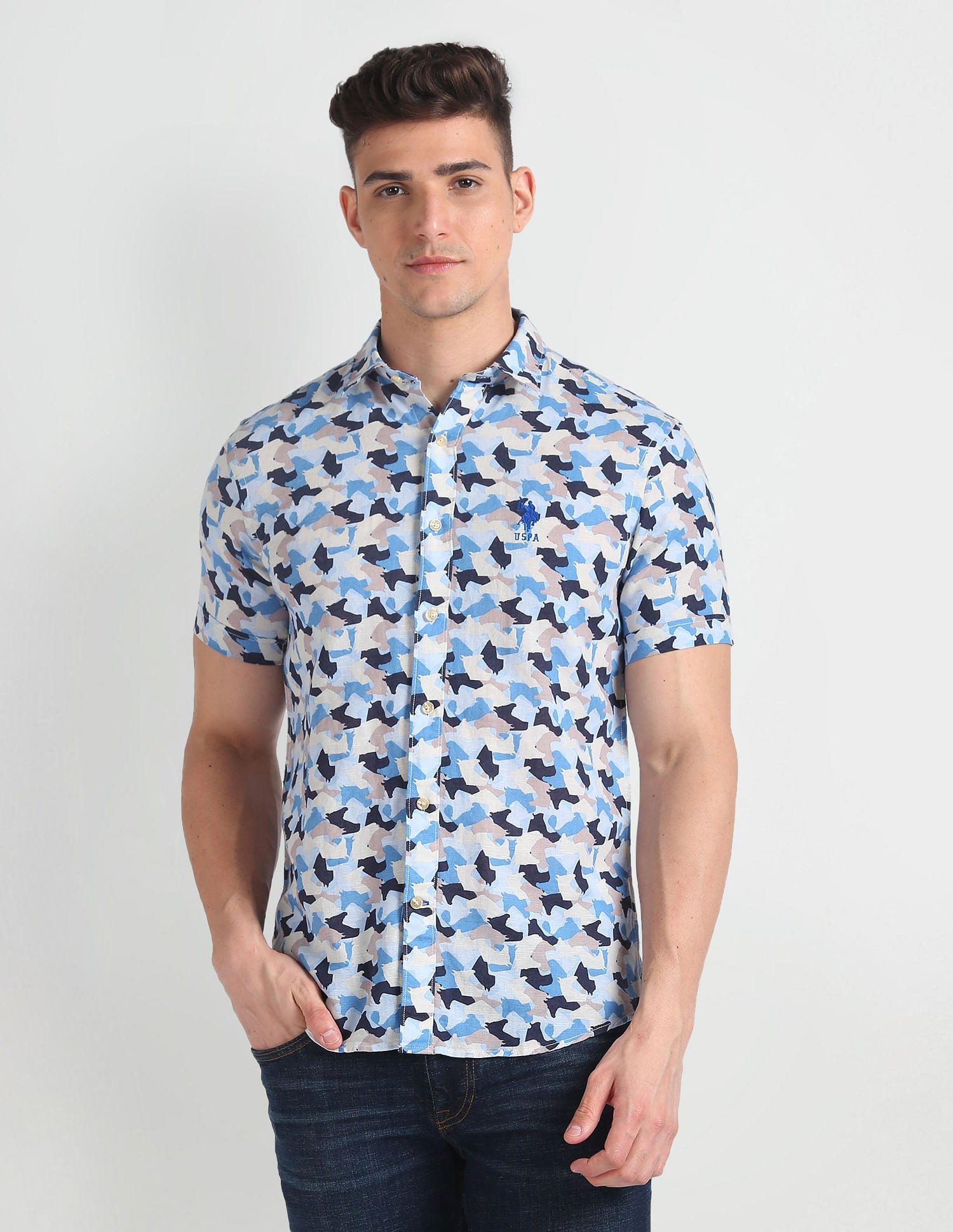 Abstract Print Slim Fit Shirt Blue - uspoloassn-test.in | Large