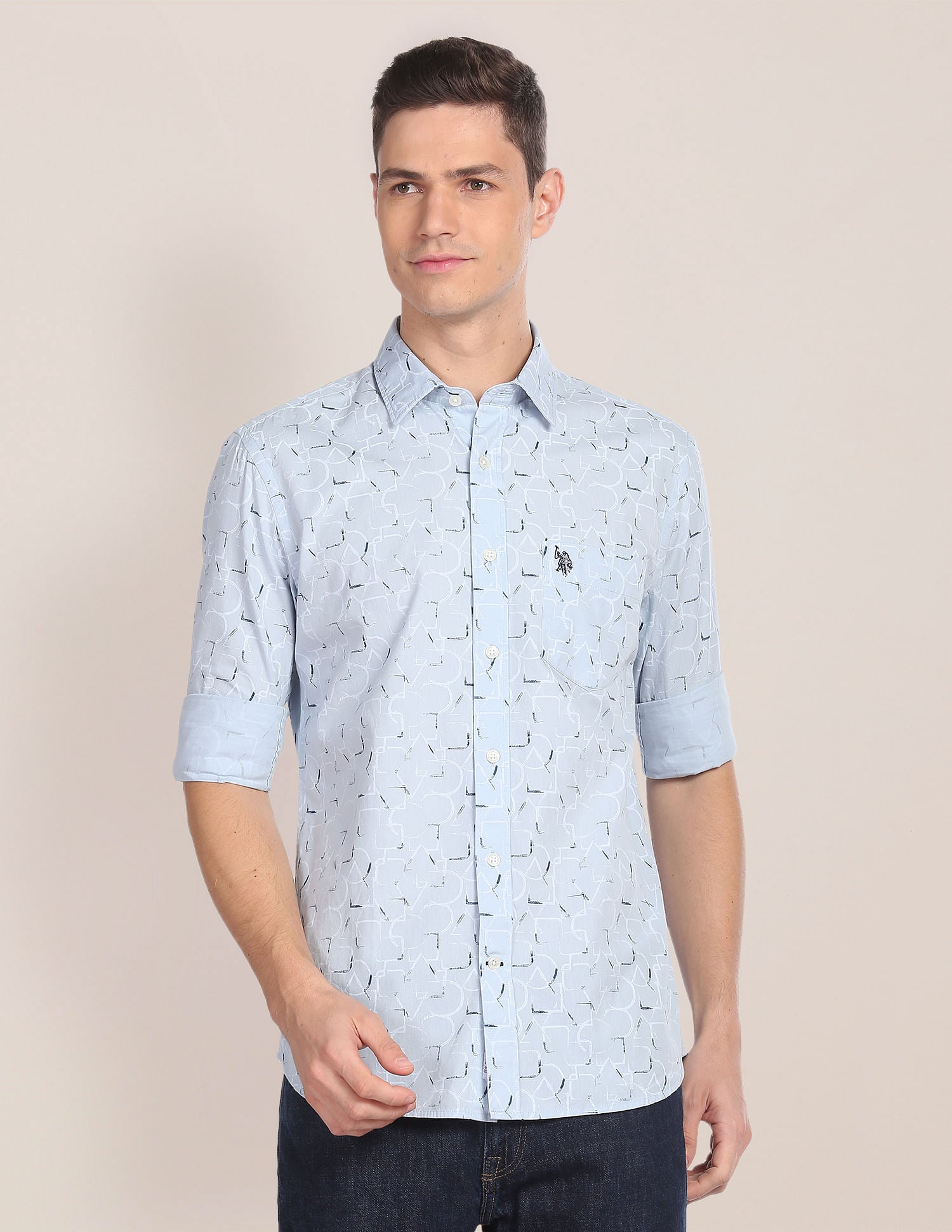 Abstract Print Tailored Fit Shirt Blue - uspoloassn-test.in | Large