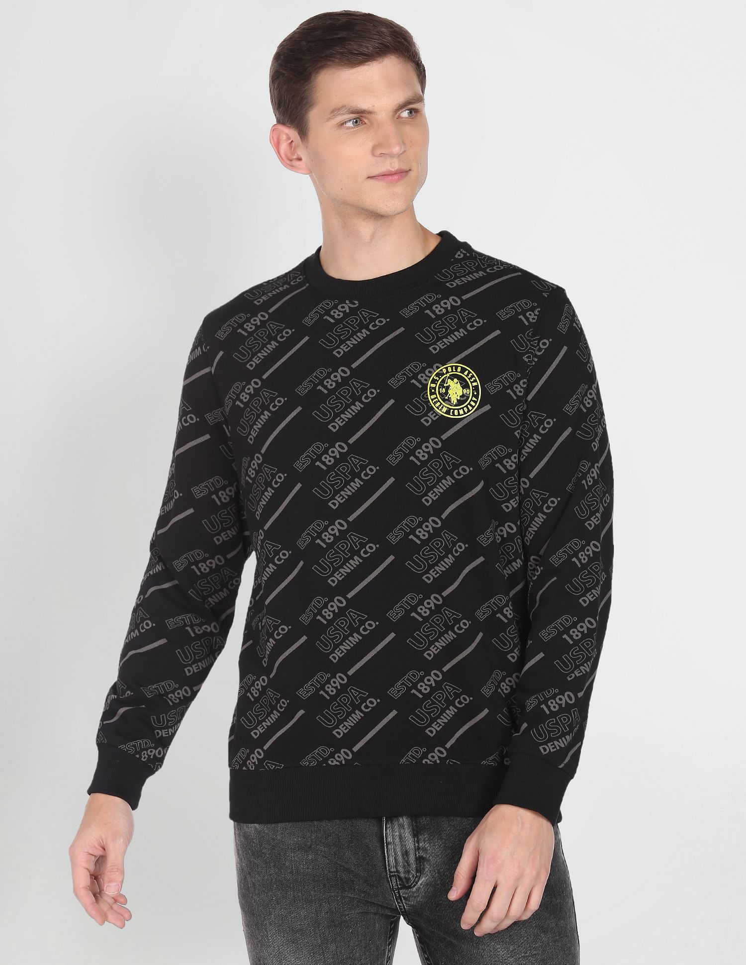 All Over Brand Print Cotton Sweatshirt Black - uspoloassn-test.in | Large