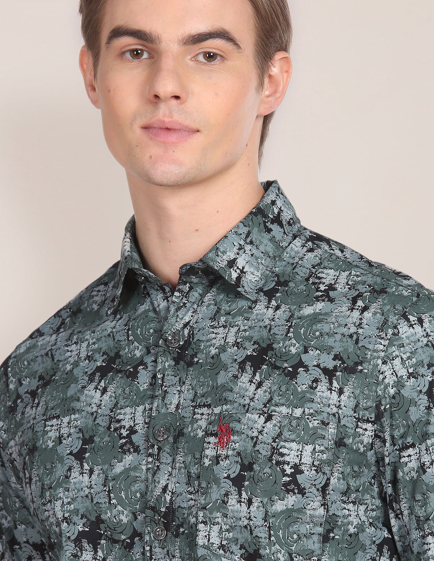 Abstract Print Twill Tailored Shirt Black and Green - uspoloassn-test.in | Large