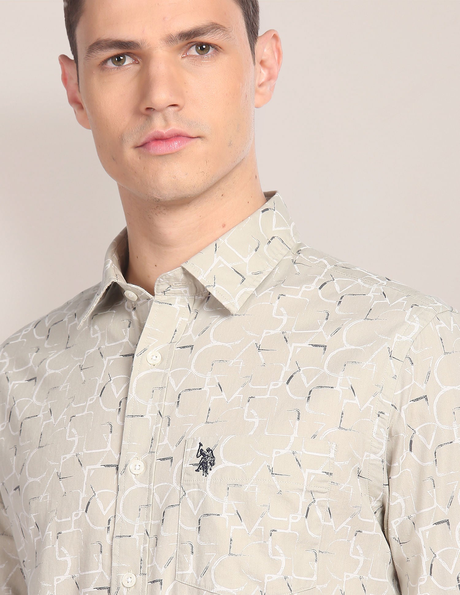 Abstract Print Tailored Fit Shirt Beige - uspoloassn-test.in | Large
