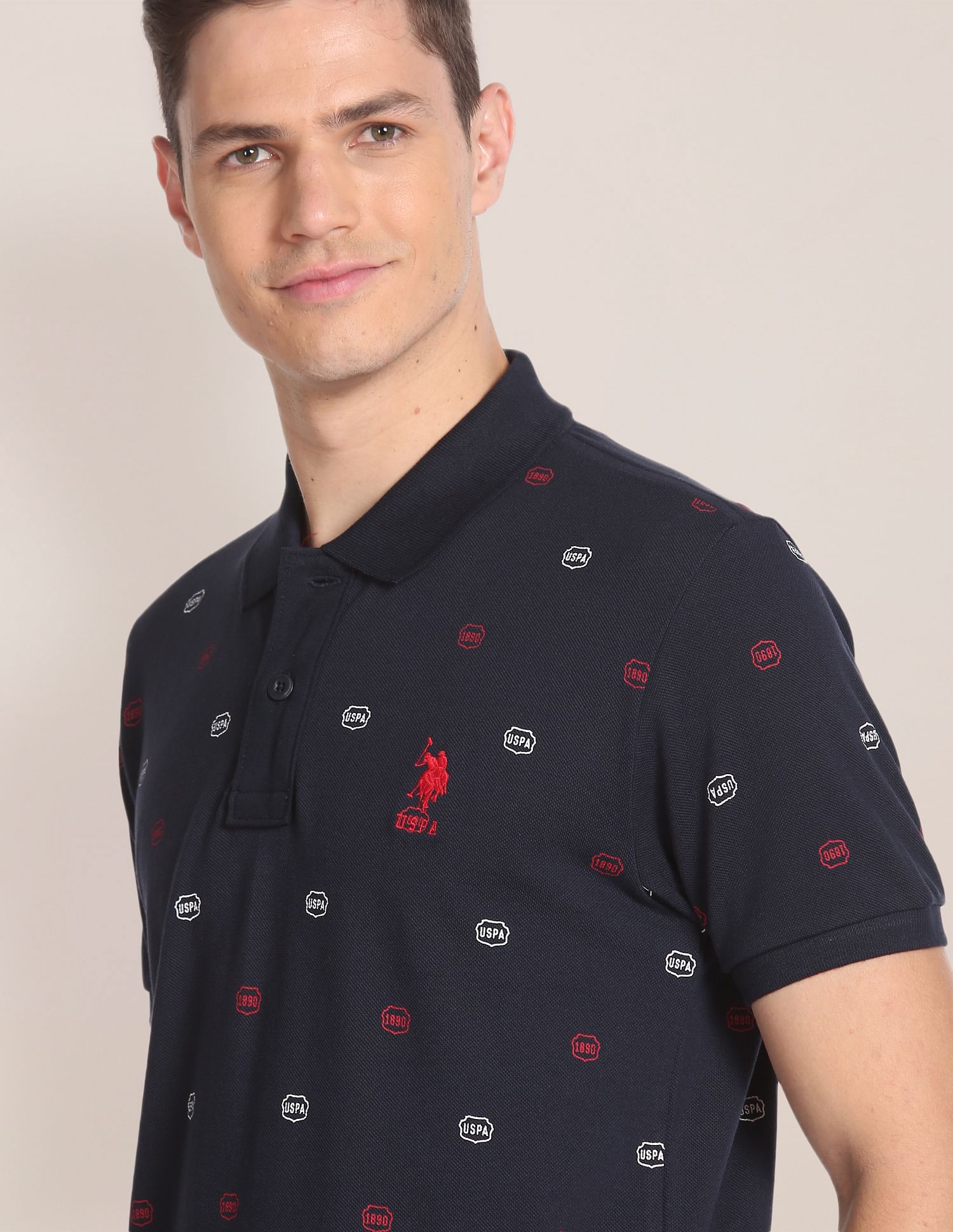 All Over Brand Print Cotton Polo Shirt Navy - uspoloassn-test.in | Large